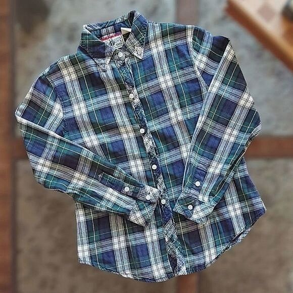 Vtg Toonie Woonie blue/green plaid cotton flannel button-down - Picture 1 of 11